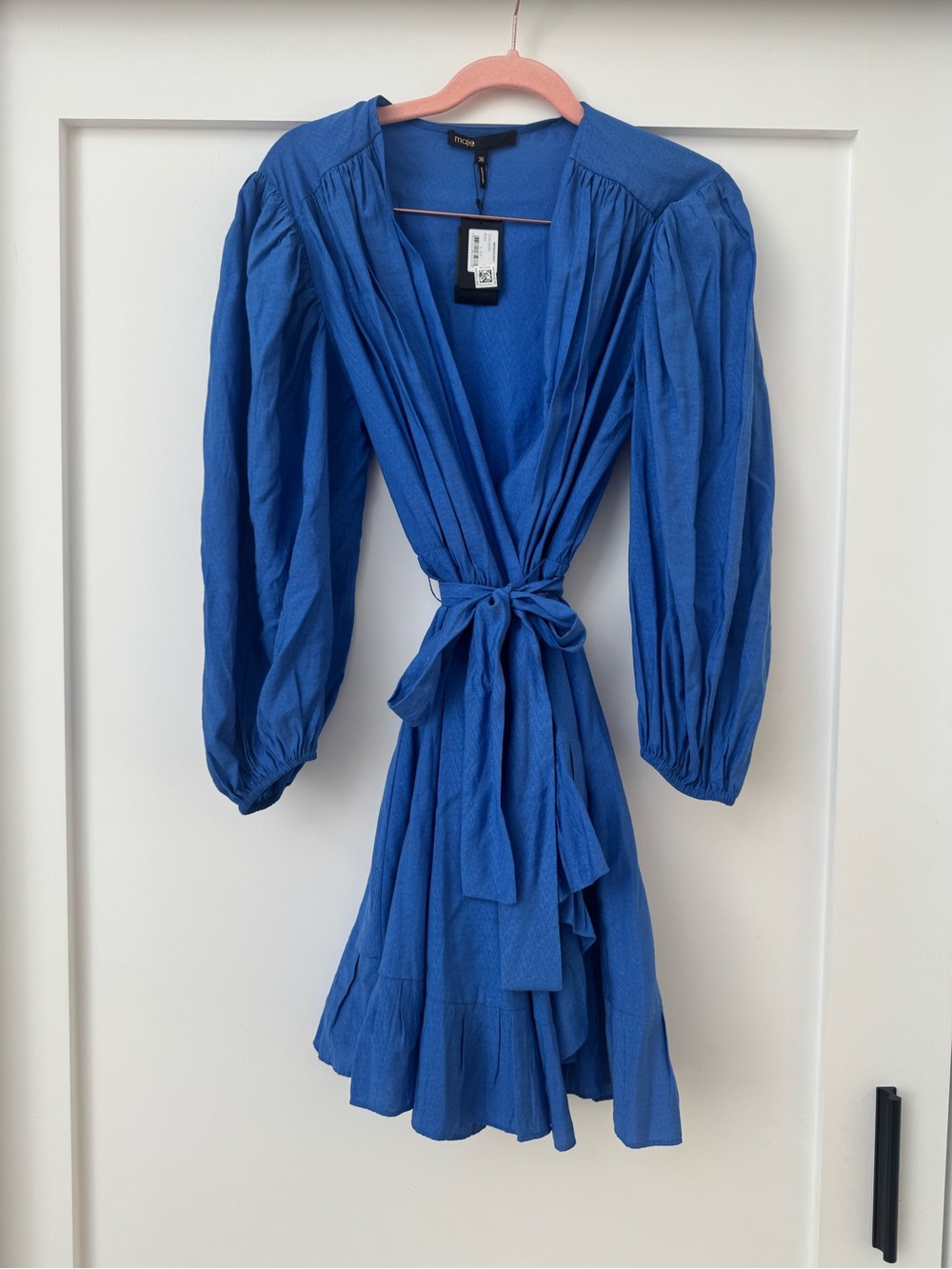 Maje Royal Blue Wrap Mini Dress with Puff Sleeves